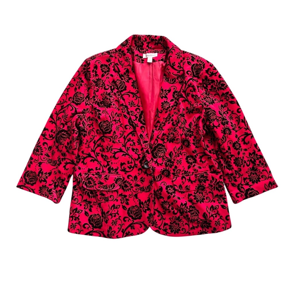 Dressbarn Womens XL Red Black Flocked‎ Floral Velvet Damask Blazer Jacket Goth